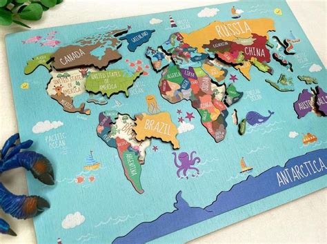 Kids Puzzle World Map Puzzle Educational Toy Wooden Etsy World Map