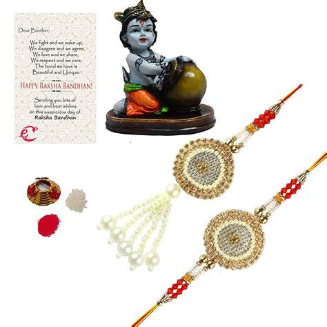 ECraftIndia Bhaiya Bhabhi Rakhi Set With Decorative Showpiece Of Makhan