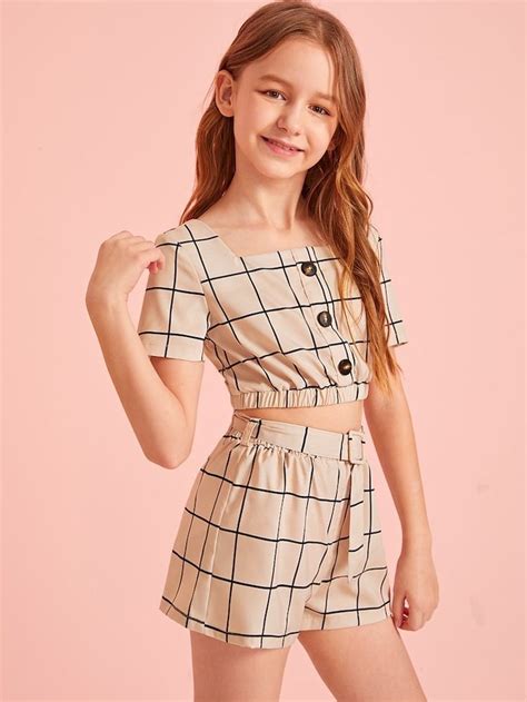 Shein Girls Button Detail Grid Top And Buckle Belted Shorts Set Girls