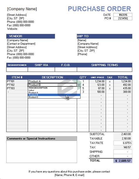 Printable Purchase Order With Price List Free Excel Templates