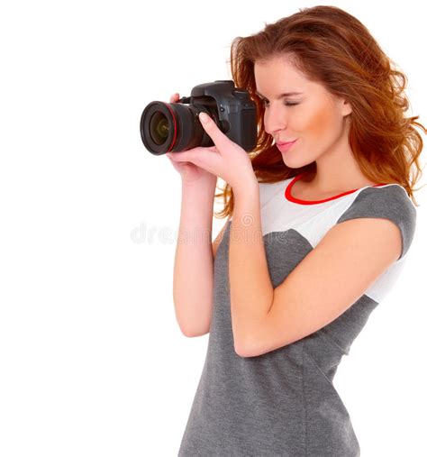 Woman In Gray Dress Wit Digtal Camera On White Stock Image Image Of