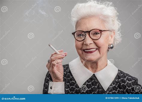 Emotional Senior Lady Smoking With Joy Stock Image Image Of Maturity