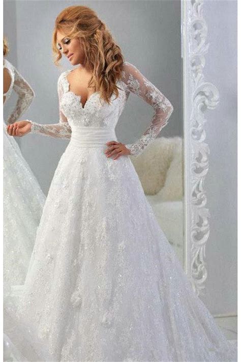 A lace wedding dress with sleeves is ideal for the romantic bride, while a mermaid gown with bell sleeves is dreamy and. Long Sleeves V-Neck Lace Wedding Dresses Bridal Gowns 3030048