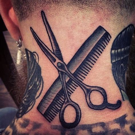 A Mans Neck With Scissors And Combs On It