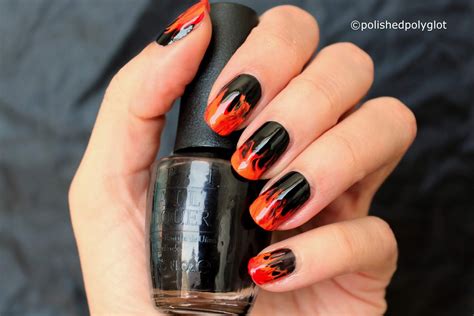 Nail Art │black Red And Orange Fire Flames Manicure Polished Polyglot
