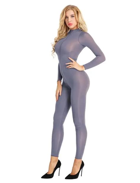 Women Sheer Opaque Stretchy Long Sleeve Shiny Jumpsuit Sheer Double Crotch Zipper Leotard