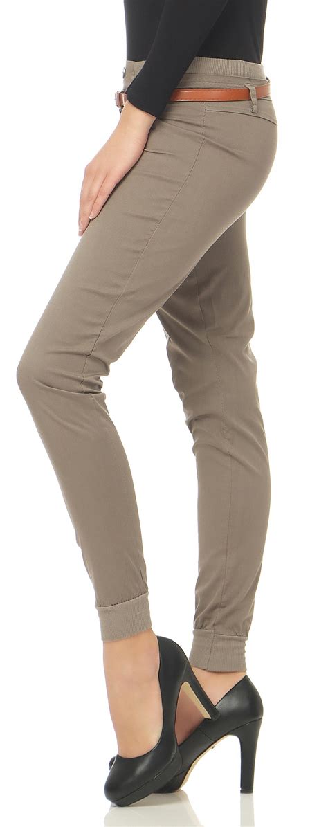 damen chino hose inkl gürtel stoffhose anzughose skinny 5396 ebay