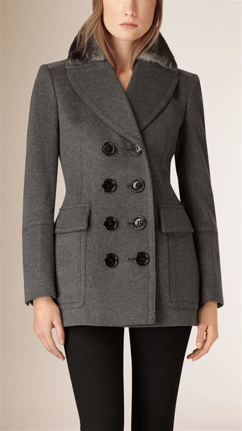 Lyst Burberry Fur Collar Wool Cashmere Pea Coat In Gray