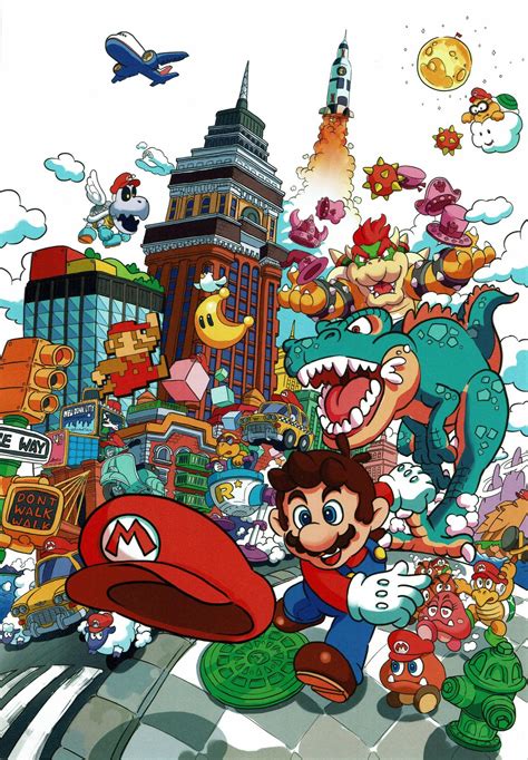 An Image Of Mario And His Friends In Front Of A Cityscape With Buildings