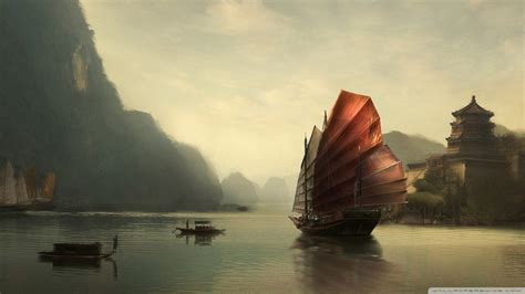 Junk Ship Chinese Painting Ultra Hd Desktop Background
