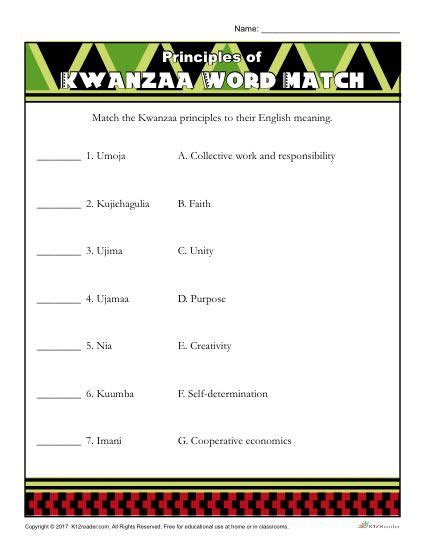 Principles Of Kwanzaa Word Match Activity Printable Worksheet