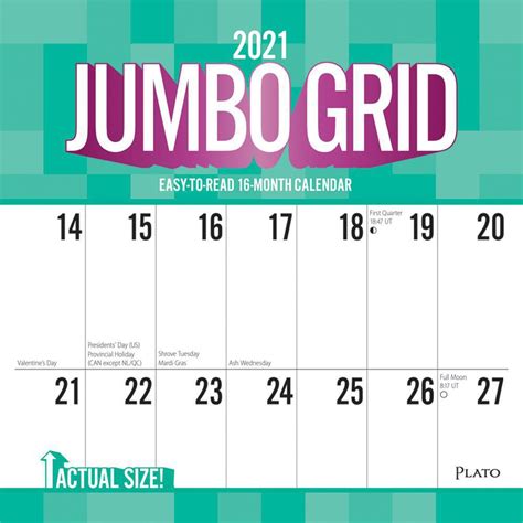 Jumbo Grid Large Print 2021 12 X 12 Inch Monthly Square Wall Calendar