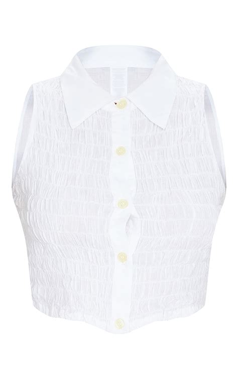 White Cotton Shirred Crop Sleeveless Shirt Prettylittlething Ksa