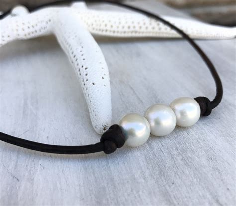 Freshwater Pearl Necklace Leather And Pearls Gift For Her Etsy