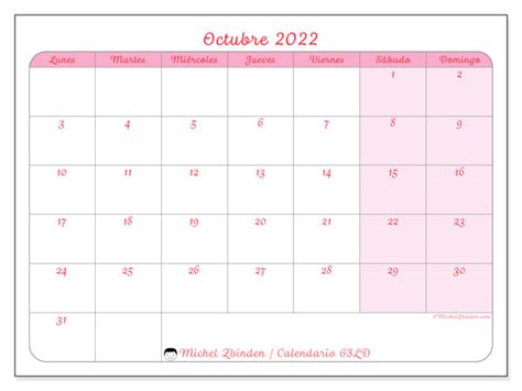 Calendarios Octubre 2022 “lunes Domingo” Michel Zbinden Es
