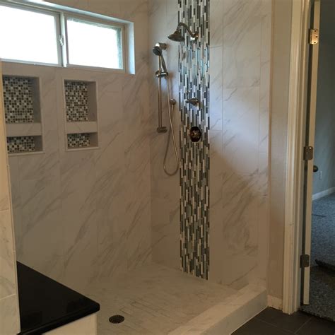 Porcelain Tile Shower With Glass Waterfall Insert Epic Flooring
