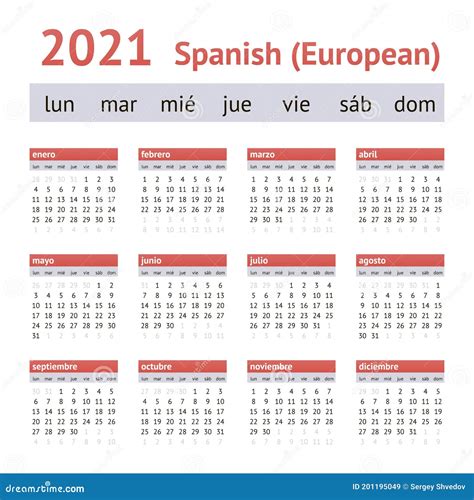 Calendar 2021 European Spanish Calendar Weeks Start On Monday Stock