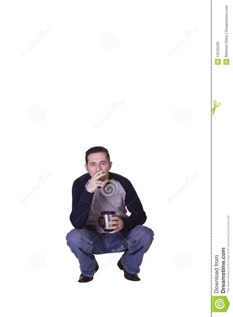 Crouched Man Smoking And Drinking Coffee Stock Image Image Of Look