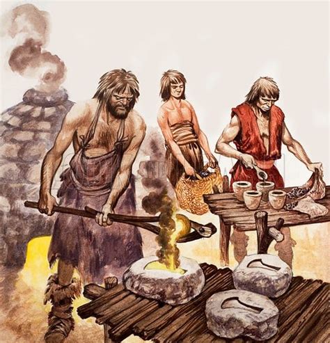 Bronze Age Men Pouring Molten Bronze Into Moulds To Make Axe Stock