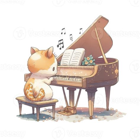 Free Cat Playing Piano Watercolor Ai Generative 23400352 Png With