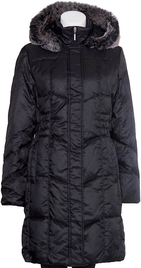 Utex Womens Quilted Down Filled Faux Fur Trim Hooded Coat Black S