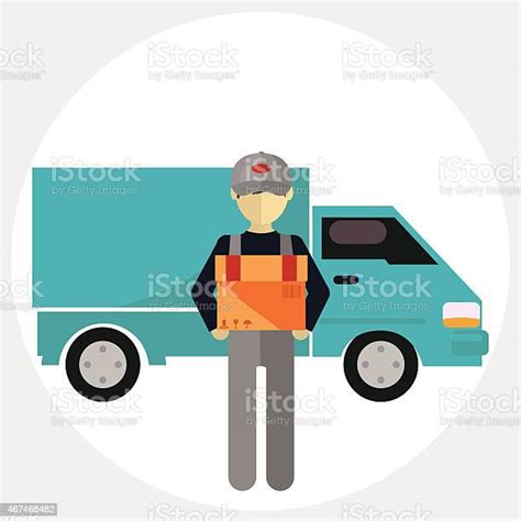 Delivery Courier Man In Front Of Cargo Van Delivering Package Stock