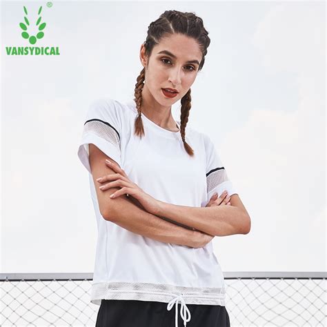 vansydical sports short sleeve women s breathable mesh gym yoga shirts tops drawstring bottom