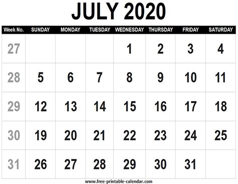 July 4 2021 Printable Calendar