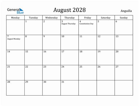 August 2028 Anguilla Monthly Calendar With Holidays