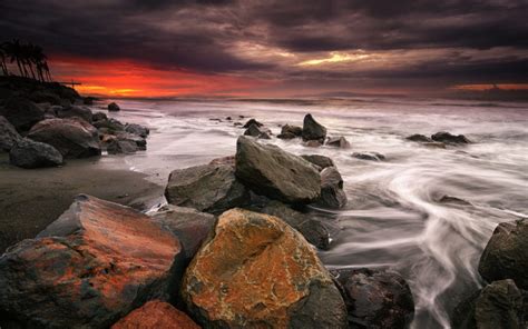 Rocks Stones Ocean Beach Sunset Wallpapers Hd Desktop And Mobile