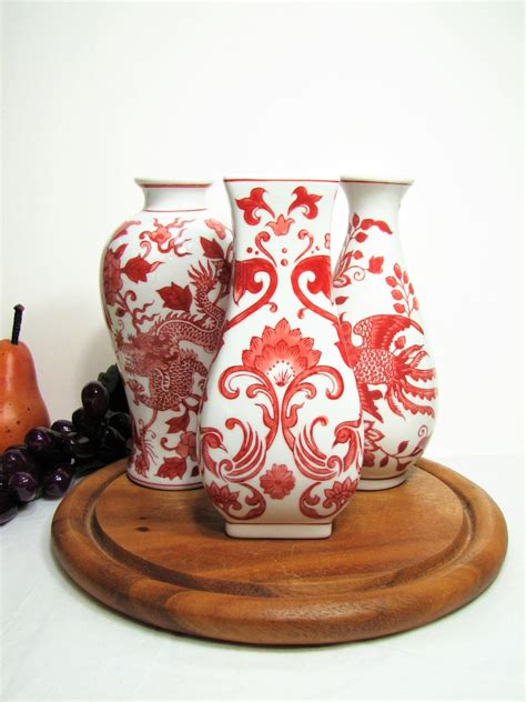 Chinoiserie Porcelain Vases Vintage Red And White Floral