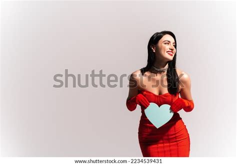 Cheerful Woman Red Dress Naked Shoulders Stock Photo Shutterstock