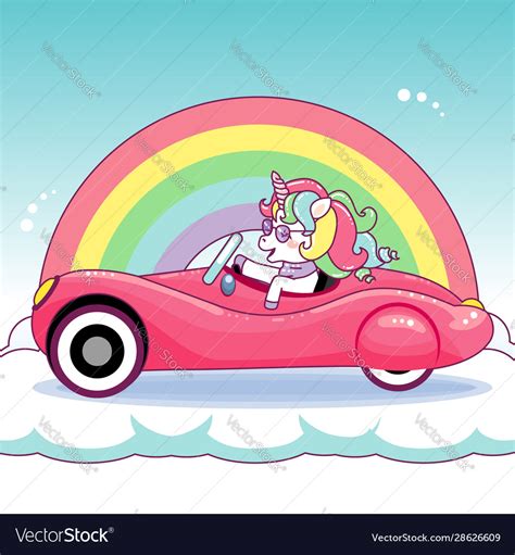 Cute Unicorn Driving A Pink Shiny Vintage Car Vector Image
