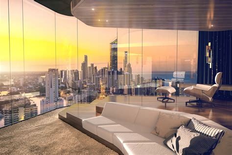 A proposed sitting room over looking the Gold coast skyline in the