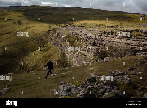 A Walker Follows A Trail In Malham Cove In North Yorkshire England
