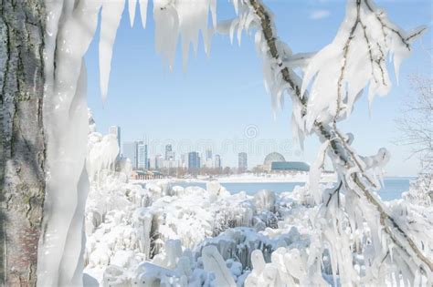 Cold Winter In Chicago Downtown With City Skyline Stock Photo Image