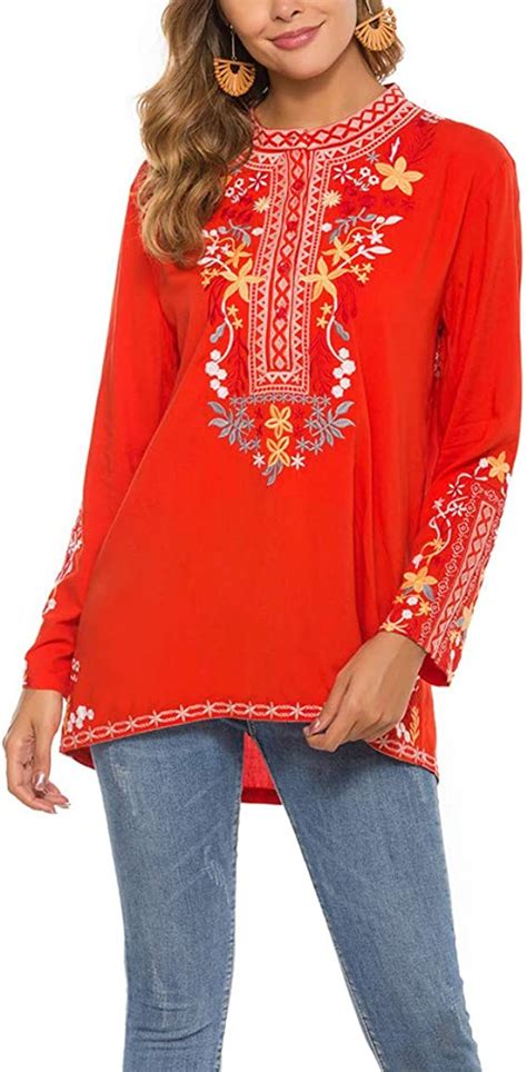 Ak Womens Mexican Boho Embroidered Tops Long Sleeve Peasant Casual