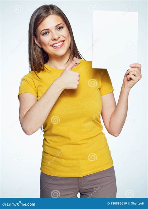 Beautiful Young Woman Holding White Blank Sign Board Stock Image Image Of Person Advertising