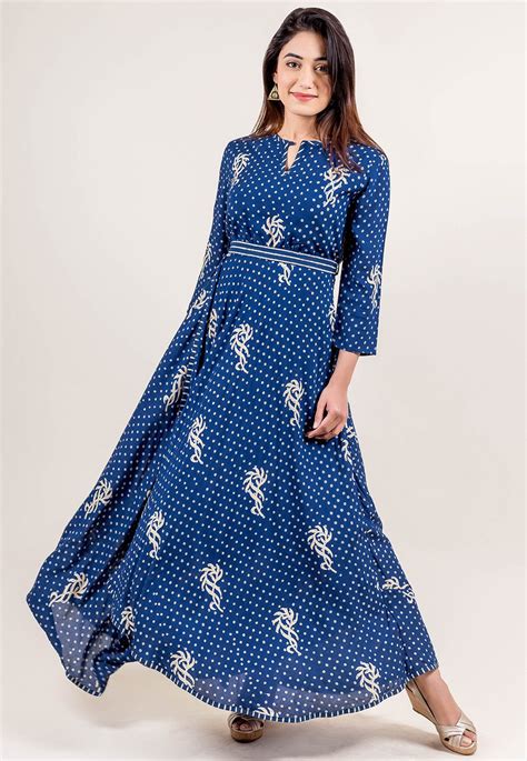 Block Printed Rayon Cotton Dress In Indigo Blue Tqm125