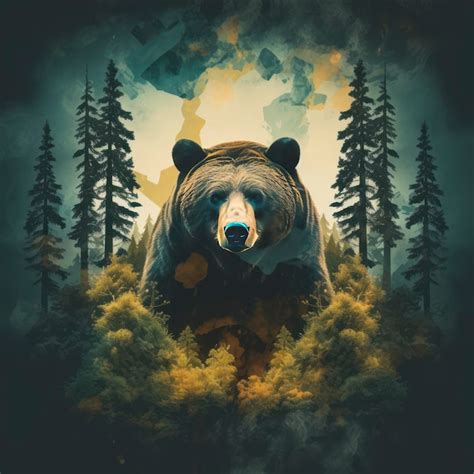 Premium Ai Image Bear And Forest Double Exposure Effect