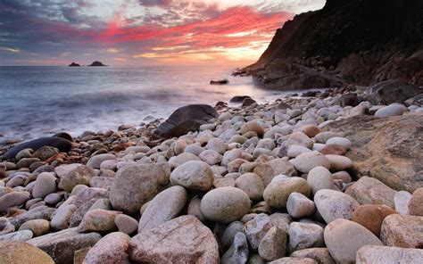 Wallpaper Sunset Stones Beach Ocean Rocks Waves Shore
