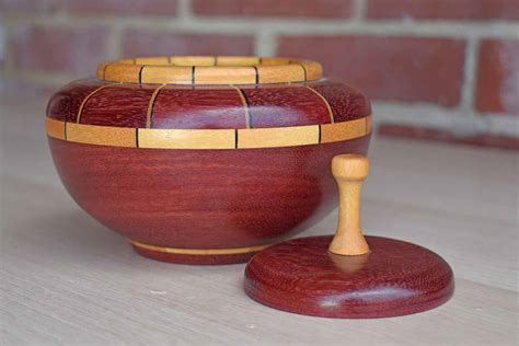 Hand Turned Lidded Wood Bowl With Patterned Inlays The Standing Rabbit