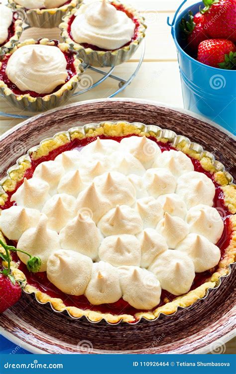 Strawberry Tart With Meringue On Brown Plate Stock Photo Image Of