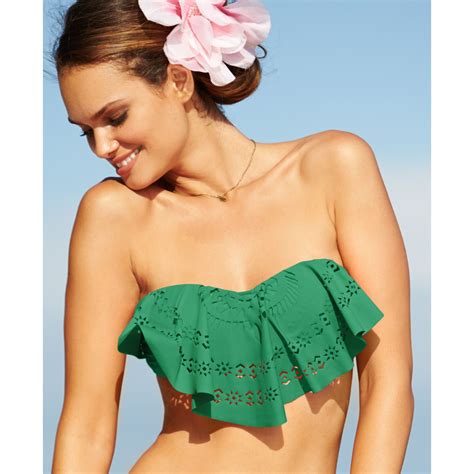 Jessica Simpson Ruffle Lasercut Bandeau Bikini Top In Green Lyst