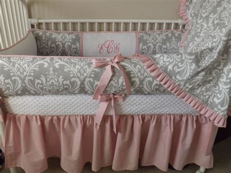 Pink And Gray Damask Baby Bedding Crib Set Abusymother Nursery Etsy