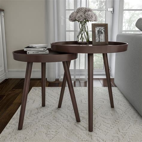 Nesting End Tables- Set of 2 Round Mid-Century Modern Accent Table with 