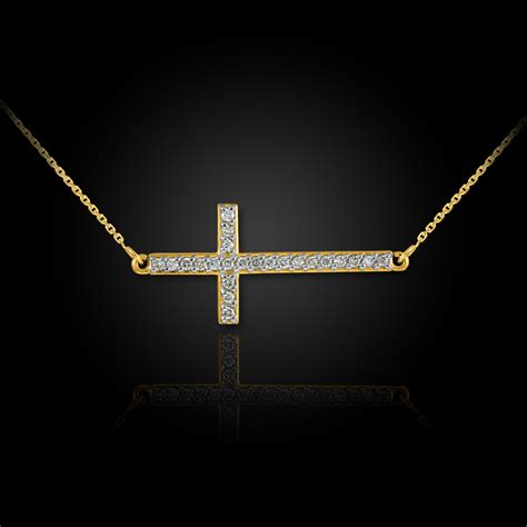 14k Gold Sideways Diamond Cross Pendant Necklace
