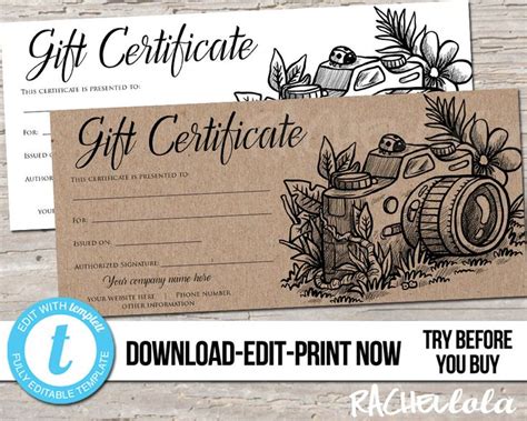 Free editable certificate template in various designs. Editable Custom Printable Photography Gift Certificate ...