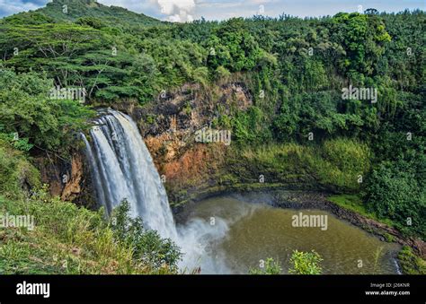 Kauai Hawaii Wailua Falls Famous Tv Falls With Water Flow Into Lake