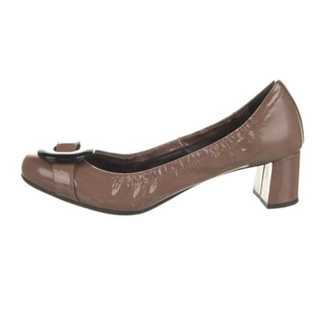 Prada Shoes Prada Logo Tan Patent Leather Round Toe Block Heels